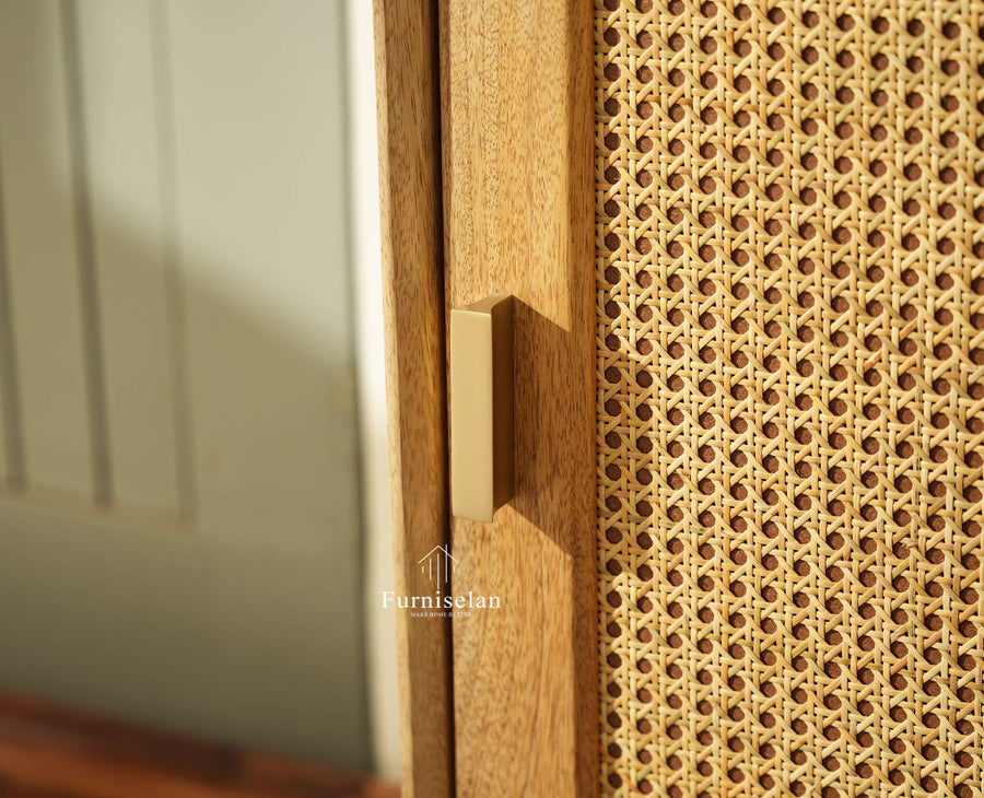 Boston Wooden Rattan Cane Mini Bar Cabinet with Storage Natural Finish