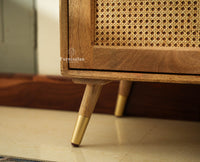 Boston Wooden Rattan Cane Mini Bar Cabinet with Storage Natural Finish