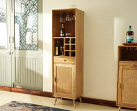 Boston Wooden Rattan Cane Tall Bar Cabinet with Storage Natural Finish