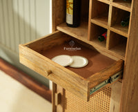 Boston Wooden Rattan Cane Tall Bar Cabinet with Storage Natural Finish