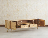 Boston Solid Wood Rattan Cane Tv Cabinet with Two Doors and Two Drawers Furniselan Natural Finish