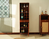 Boston Wooden Rattan Cane Tall Bar Cabinet with Storage Brown Finish