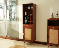 Boston Wooden Rattan Cane Tall Bar Cabinet with Storage Brown Finish