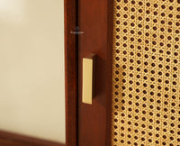 Boston Wooden Rattan Cane Tall Bar Cabinet with Storage Brown Finish