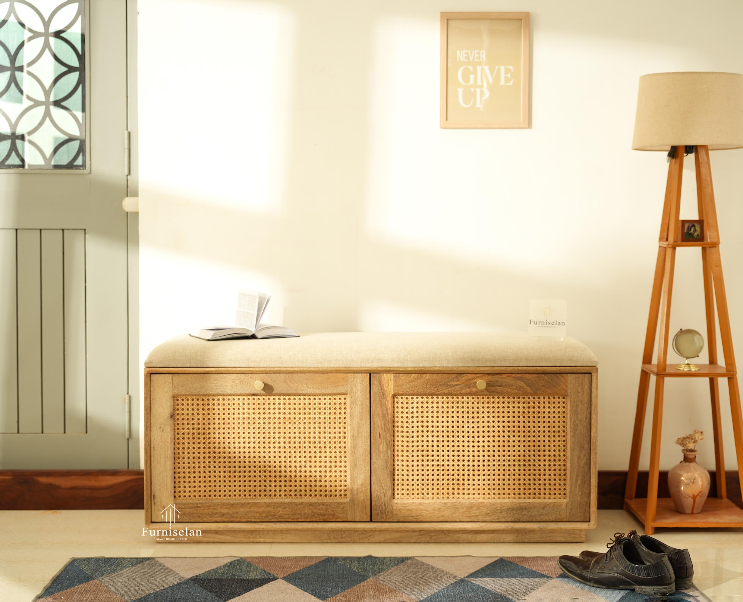 Boston Solid Wood Flip Door Shoe Storage Bench Natural Finish