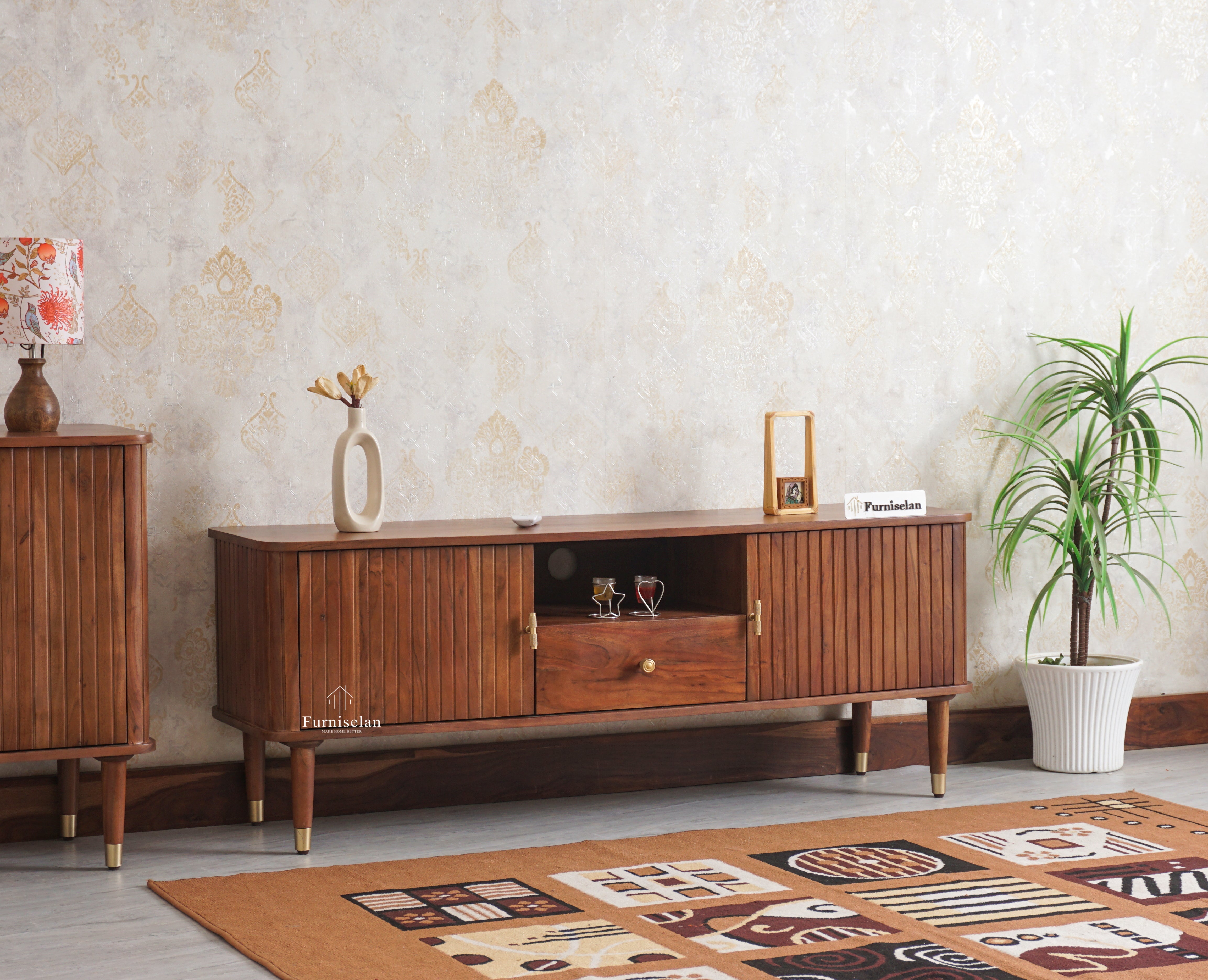 Eiffel Solid Wood TV Cabinet Two Door & One Drawer - Tv Cabinet - Furniselan - Teak-Finish
