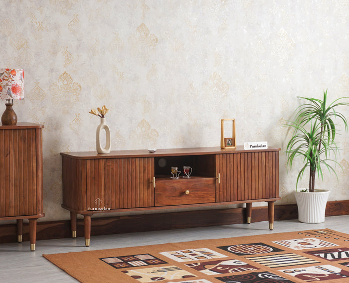 Eiffel Solid Wood TV Cabinet Two Door & One Drawer - Tv Cabinet - Furniselan - Teak Finish