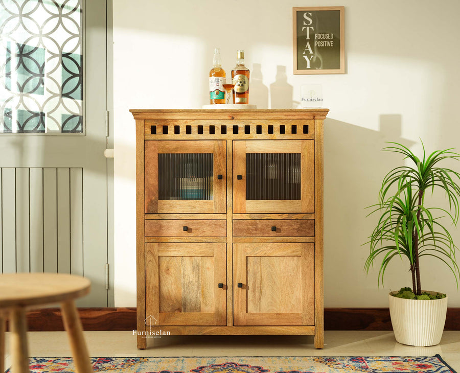 Alexandria Solid Wood Bar Cabinet Natural Finish