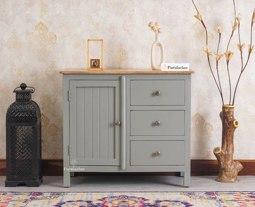 Spain Solid Mango Wood Sideboard Cabinet-Three Drawers & One Door Furniselan Cool Grey