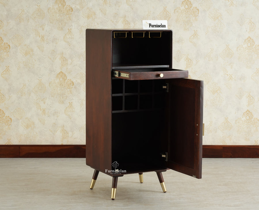 Boston Wooden Rattan Cane Mini Bar Cabinet with Storage Grey Finish