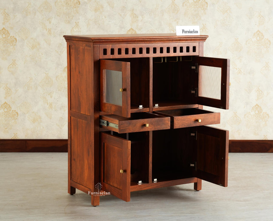 Alexandria Solid Wood Bar Cabinet Natural Finish Brown Finish