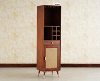 Boston Wooden Rattan Cane Tall Bar Cabinet with Storage Brown Finish