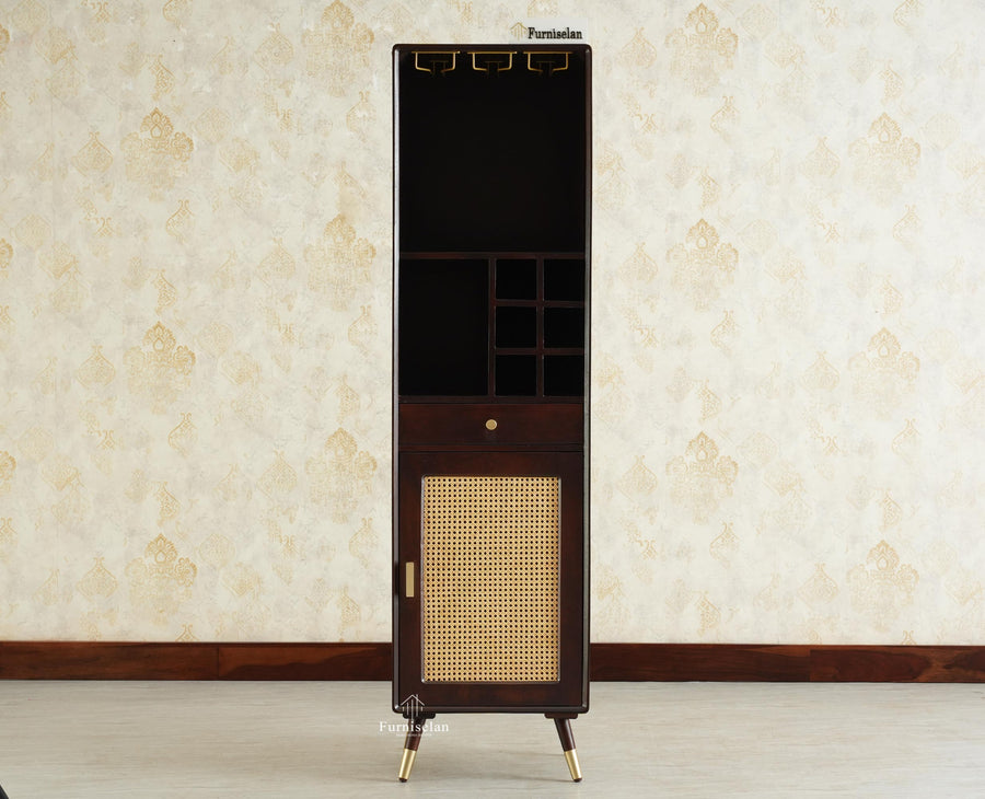 Boston Wooden Rattan Cane Tall Bar Cabinet with Storage Grey Finish