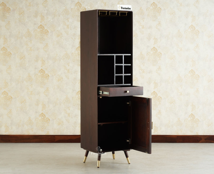 Boston Wooden Rattan Cane Tall Bar Cabinet with Storage Grey Finish