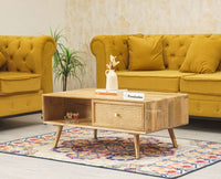 Boston Solid Wood Rattan Cane One Drawer Coffee Table Furniselan - Natural-Finish