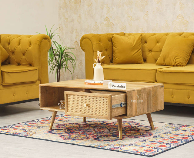 Boston Solid Wood Rattan Cane One Drawer Coffee Table Furniselan - Natural-Finish