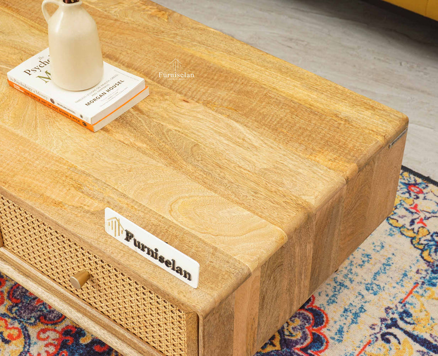 Boston Solid Wood Rattan Cane One Drawer Coffee Table Furniselan - Natural-Finish