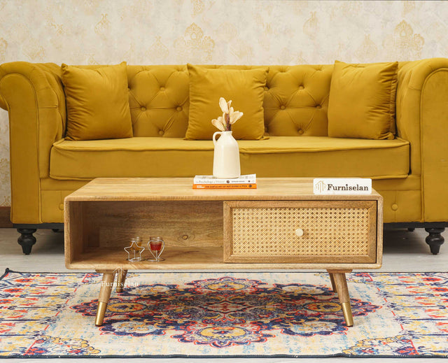 Boston Solid Wood Rattan Cane One Drawer Coffee Table Furniselan - Natural-Finish