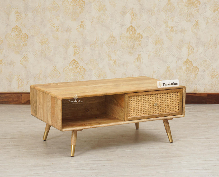 Boston Solid Wood Rattan Cane One Drawer Coffee Table Furniselan - Natural-Finish