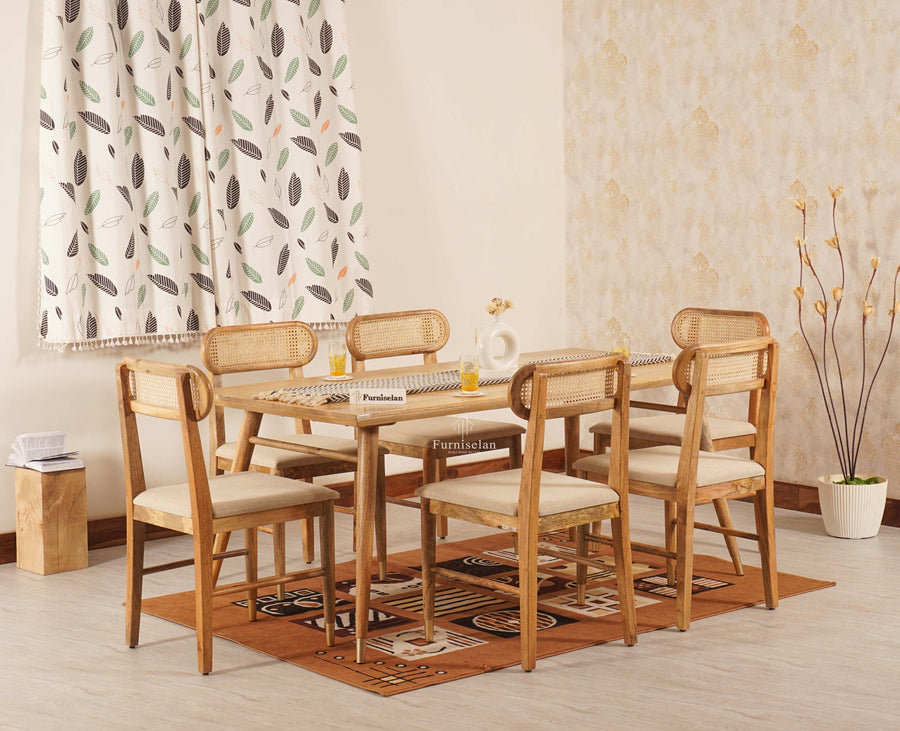 Boston Solid Wood Rattan Cane Dining Table Six Seater Set Furniselan Natural-Finish