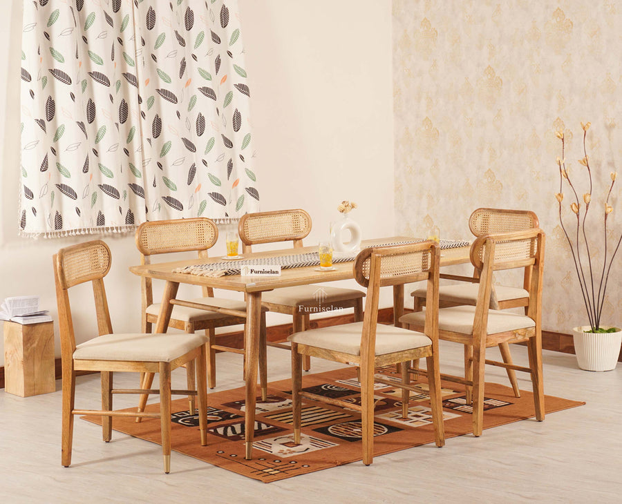 Boston Solid Wood Rattan Cane Dining Table Six Seater Set Furniselan Natural-Finish