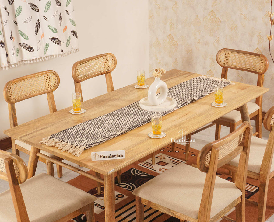 Boston Solid Wood Rattan Cane Dining Table Six Seater Set Furniselan Natural-Finish