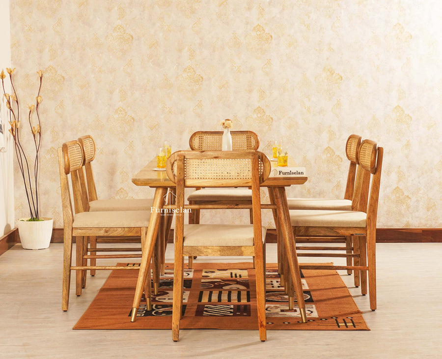 Boston Solid Wood Rattan Cane Dining Table Six Seater Set Furniselan Natural-Finish