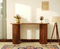 Elara Solid Wood Fluted Column Console Table for Living Room, Hallway & Entryway - Teak Finish