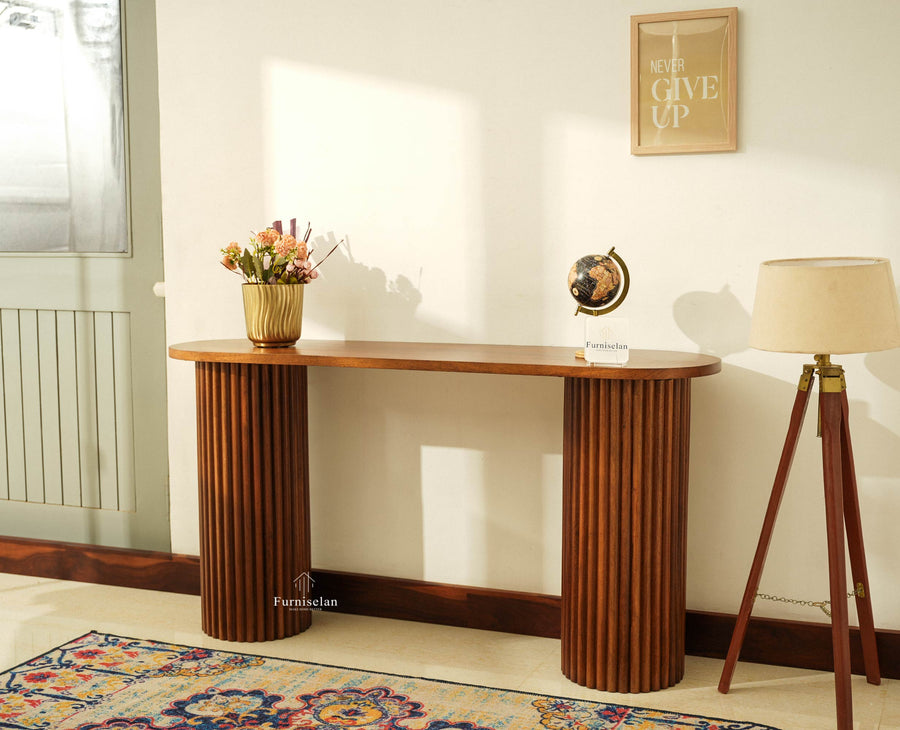 Elara Solid Wood Fluted Column Console Table for Living Room, Hallway & Entryway - Teak Finish

