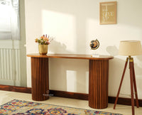 Elara Solid Wood Fluted Column Console Table for Living Room, Hallway & Entryway - Teak Finish

