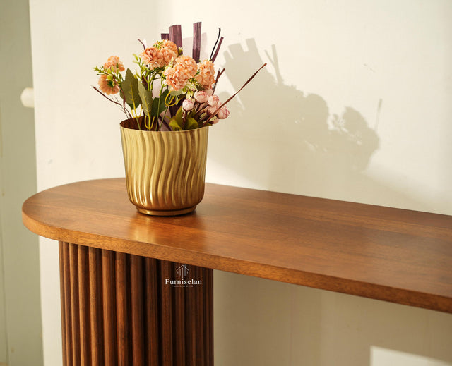 Elara Solid Wood Fluted Column Console Table for Living Room, Hallway & Entryway - Teak Finish
