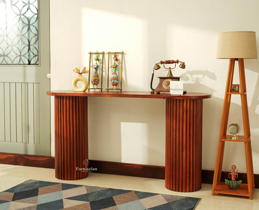 Elara Solid Wood Fluted Column Console Table for Living Room, Hallway & Entryway - Brown Finish
