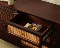 NewYork Wooden Rattan Cane Two Door Sideboard With Three Drawers - Grey Finish
