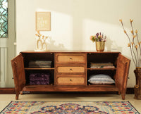 NewYork Wooden Rattan Cane Two Door Sideboard With Three Drawers - Natural Oak Finish
