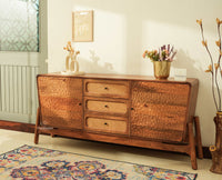 NewYork Wooden Rattan Cane Two Door Sideboard With Three Drawers - Natural Oak Finish
