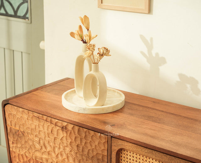 NewYork Wooden Rattan Cane Two Door Sideboard With Three Drawers - Natural Oak Finish
