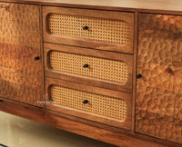 NewYork Wooden Rattan Cane Two Door Sideboard With Three Drawers - Natural Oak Finish
