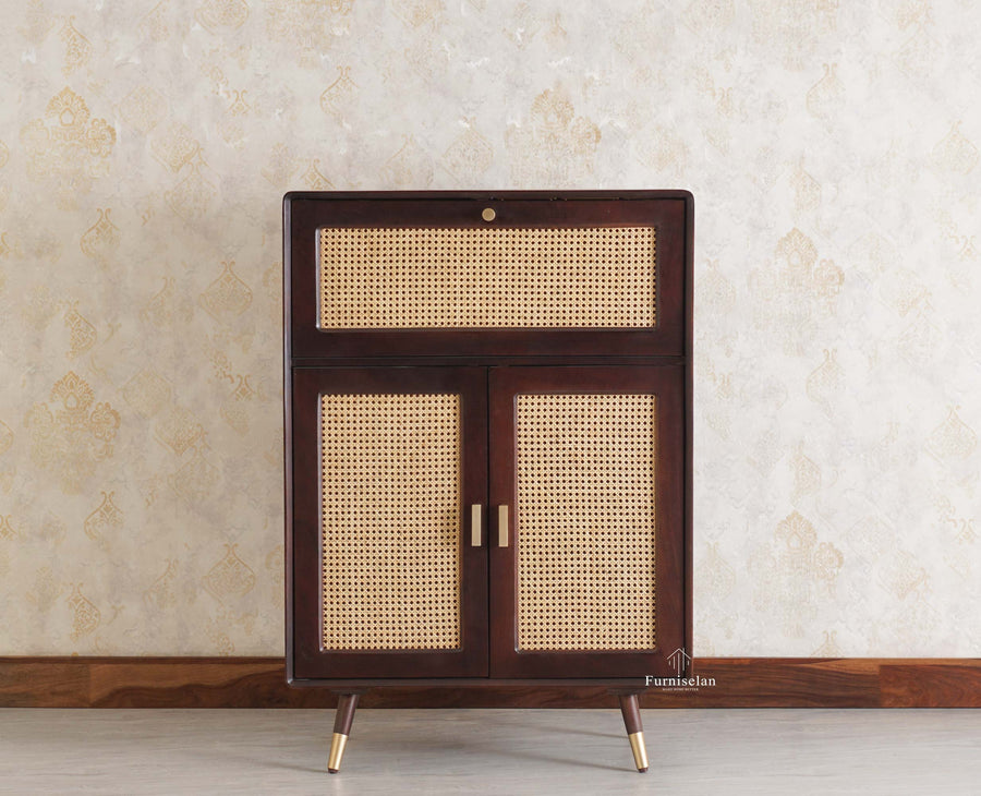 Boston Solid Wood Rattan Cane Bar Cabinet with Glass Holder Storage Multipurpose features - Bar Cabinet - Furniselan Grey-Finish