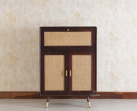 Boston Solid Wood Rattan Cane Bar Cabinet with Glass Holder Storage Multipurpose features - Bar Cabinet - Furniselan Grey-Finish
