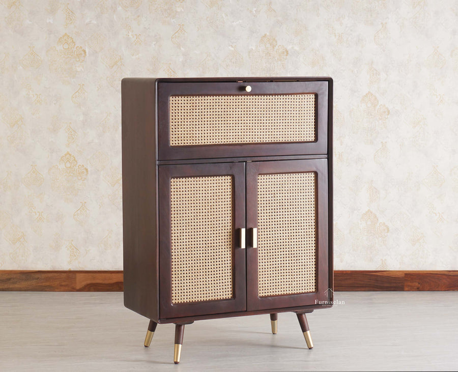 Boston Solid Wood Rattan Cane Bar Cabinet with Glass Holder Storage Multipurpose features - Bar Cabinet - Furniselan Grey-Finish