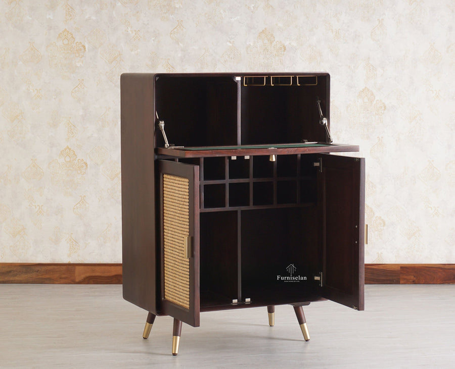 Boston Solid Wood Rattan Cane Bar Cabinet with Glass Holder Storage Multipurpose features - Bar Cabinet - Furniselan Grey-Finish