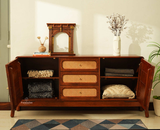 NewYork Wooden Rattan Cane Two Door Sideboard With Three Drawers - Brown Finish
