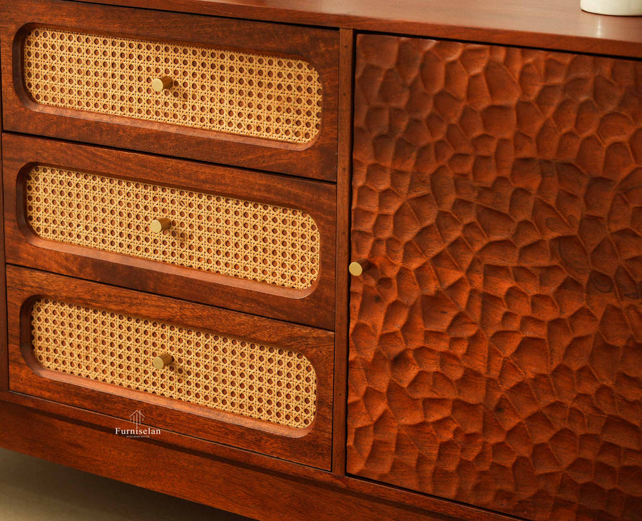 NewYork Wooden Rattan Cane Two Door Sideboard With Three Drawers - Brown Finish
