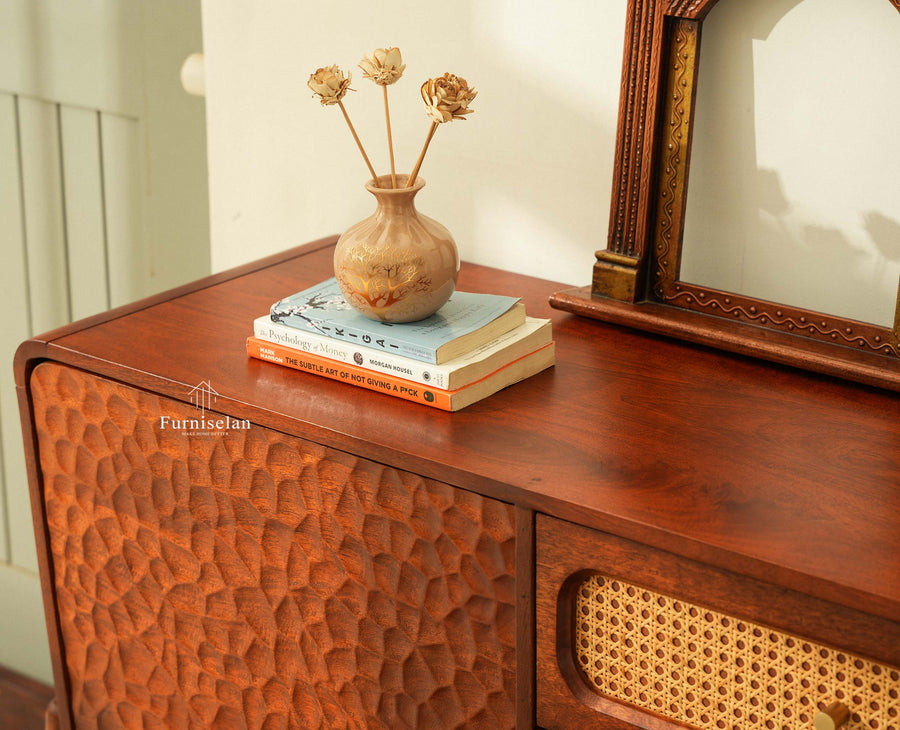 NewYork Wooden Rattan Cane Two Door Sideboard With Three Drawers - Brown Finish
