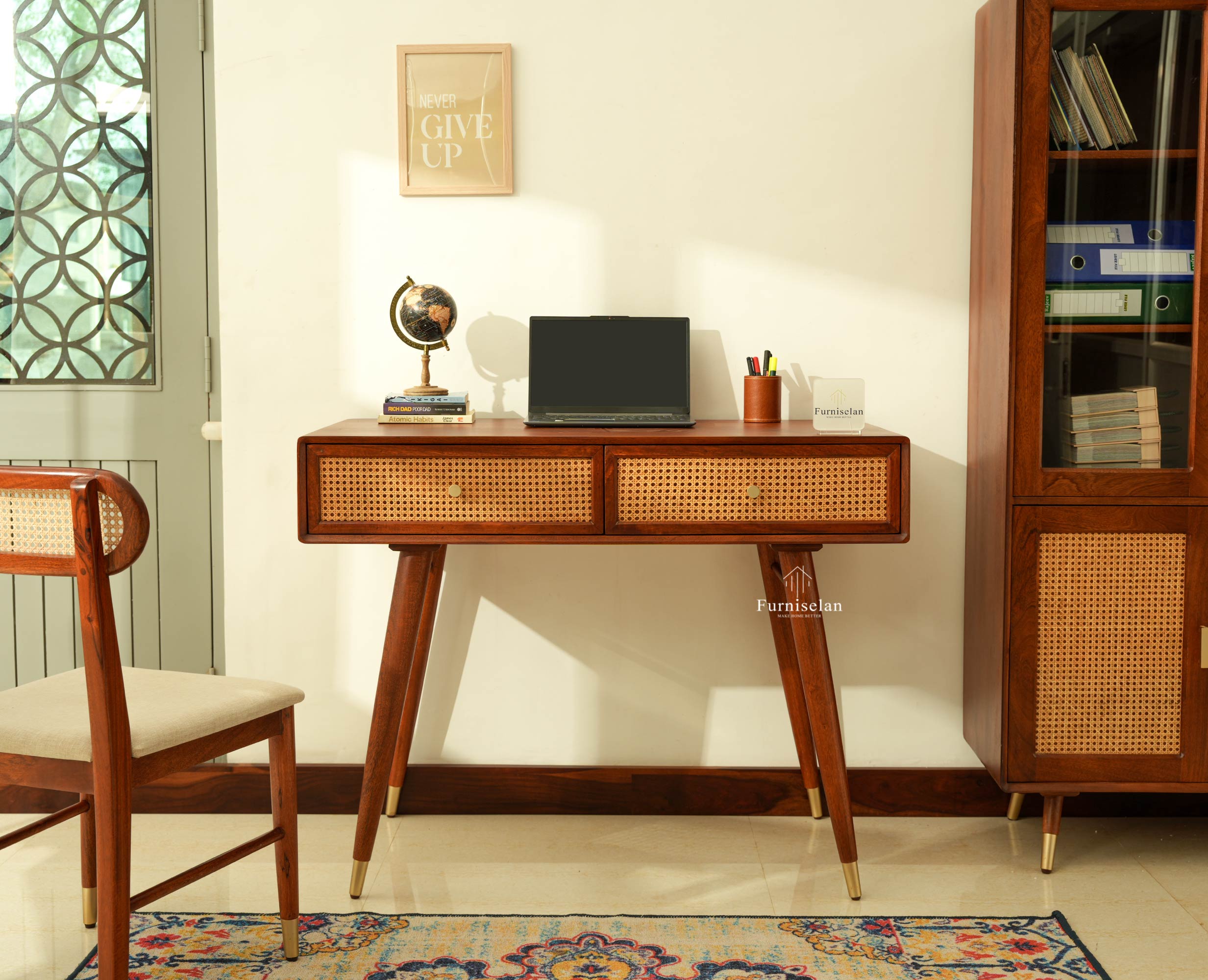 Boston Wooden Rattan Cane Study Laptop Table Desk with Two Drawer Brown Finish