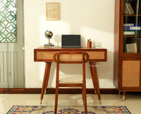 Boston Wooden Rattan Cane Study Laptop Table with Two Drawers With Chair Brown Finish