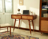 Boston Wooden Rattan Cane Study Laptop Table with Two Drawers With Chair Brown Finish