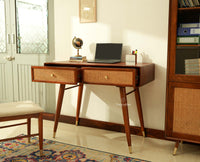 Boston Wooden Rattan Cane Study Laptop Table Desk with Two Drawer Brown Finish