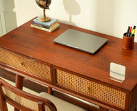 Boston Wooden Rattan Cane Study Laptop Table Desk with Two Drawer Brown Finish