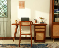 Boston Wooden Rattan Cane Study Laptop Table Desk with Two Drawer and One Door With Chair Brown Finish